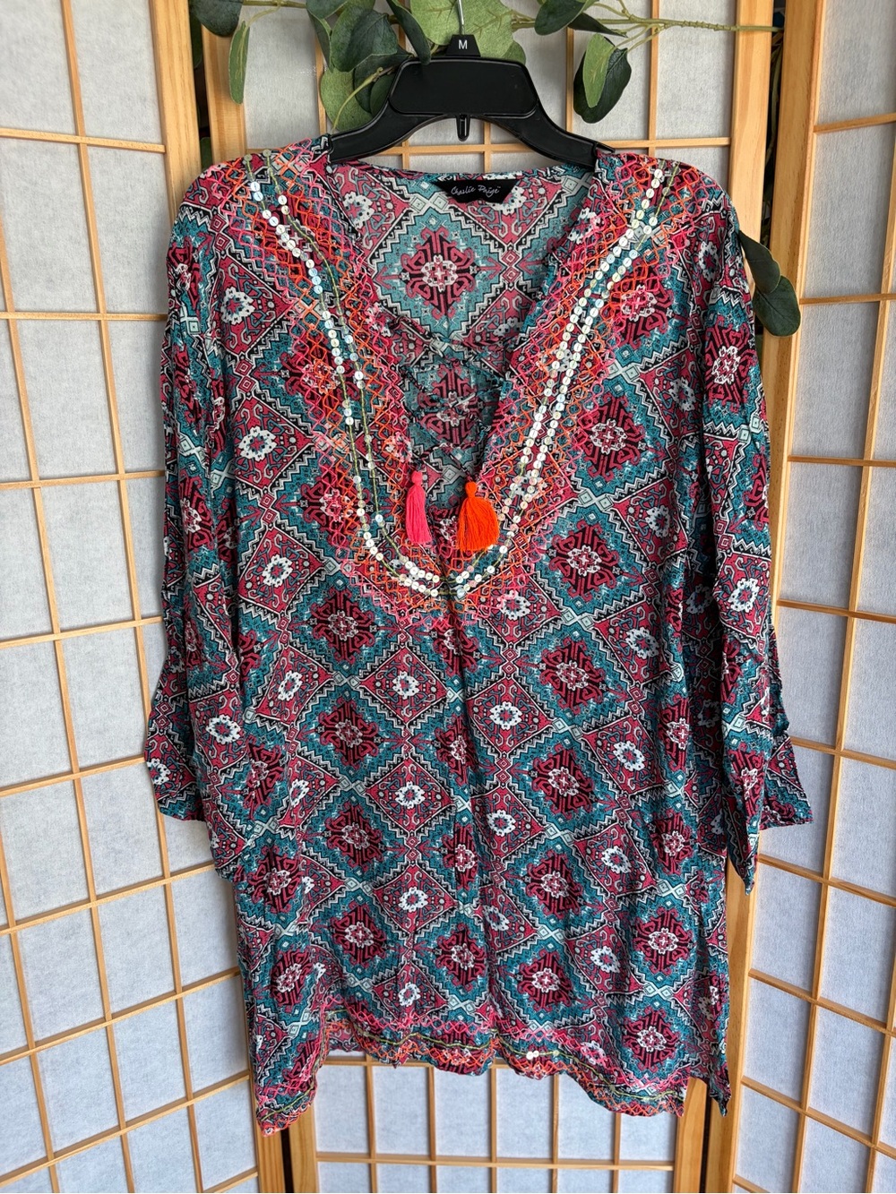 Charlie Paige Teal and Burgundy Geometric V-Neck Tassel Tunic